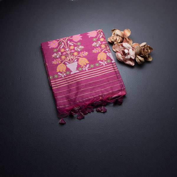 Semi Raw Silk Rose Pink Printed Saree 02