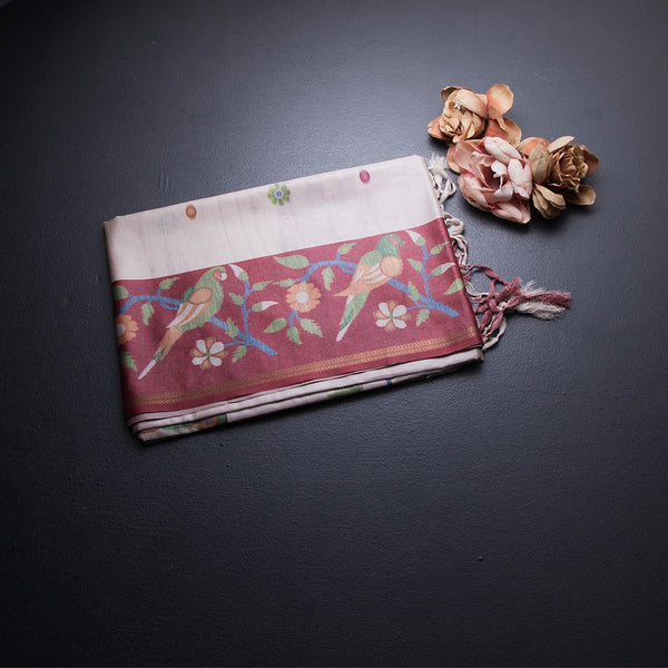 Semi Raw Silk Cream Floral Printed Saree 08