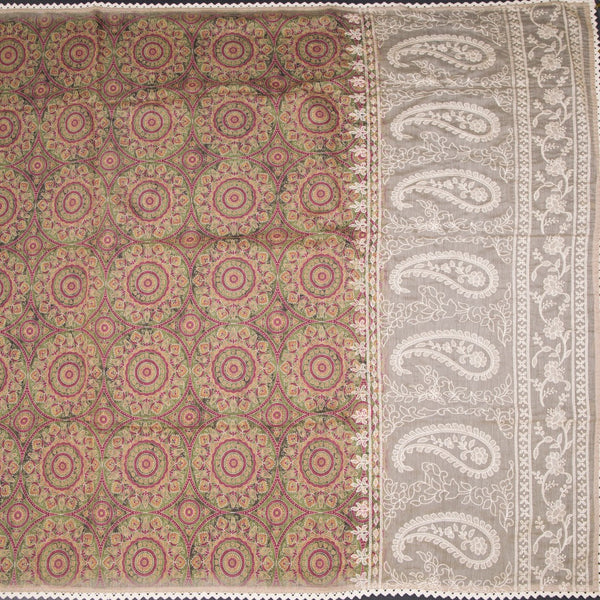 Semi Linen Olive Green Printed Saree And Thread Pallu