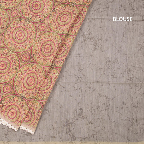Semi Linen Olive Green Printed Saree And Thread Pallu