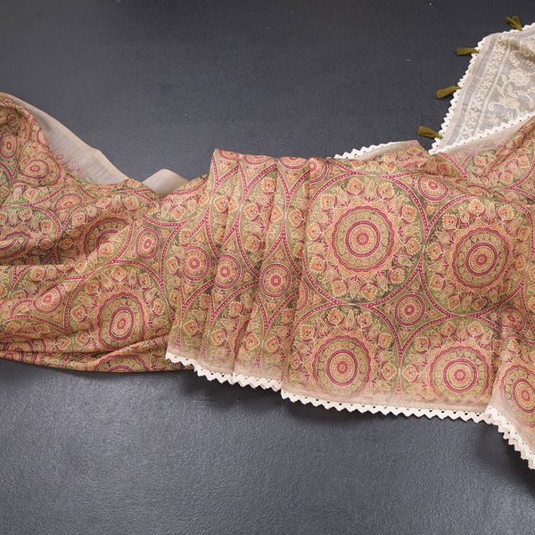 Semi Linen Olive Green Printed Saree And Thread Pallu