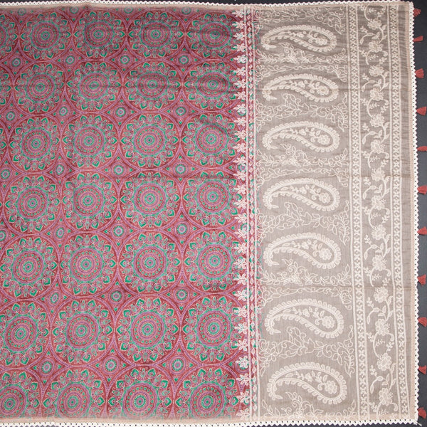 Semi Linen Red Printed Saree And Thread Pallu
