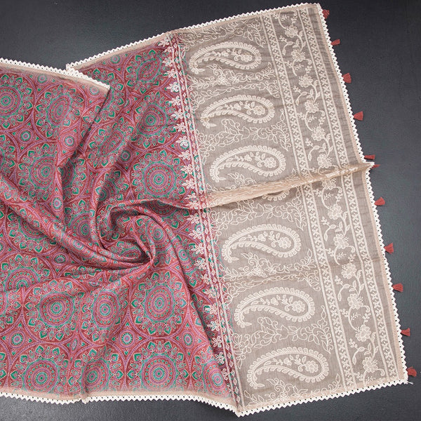 Semi Linen Red Printed Saree And Thread Pallu