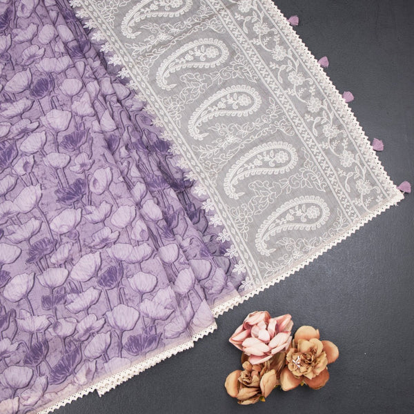 Semi Linen Purple Printed Saree And Thread Pallu