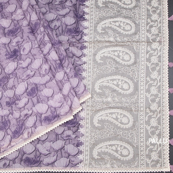 Semi Linen Purple Printed Saree And Thread Pallu