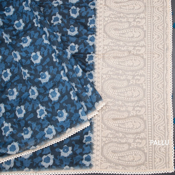Semi Linen Peacock Blue Printed Saree And Thread Pallu