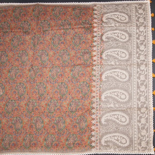 Semi Linen Orange Printed Saree And Thread Pallu