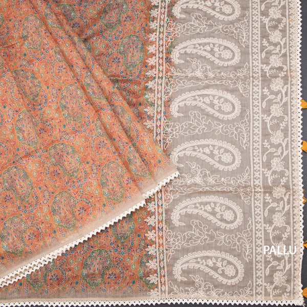 Semi Linen Orange Printed Saree And Thread Pallu