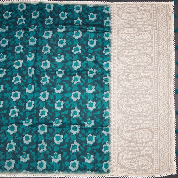 Semi Linen Peacock Green Printed Saree And Thread Pallu