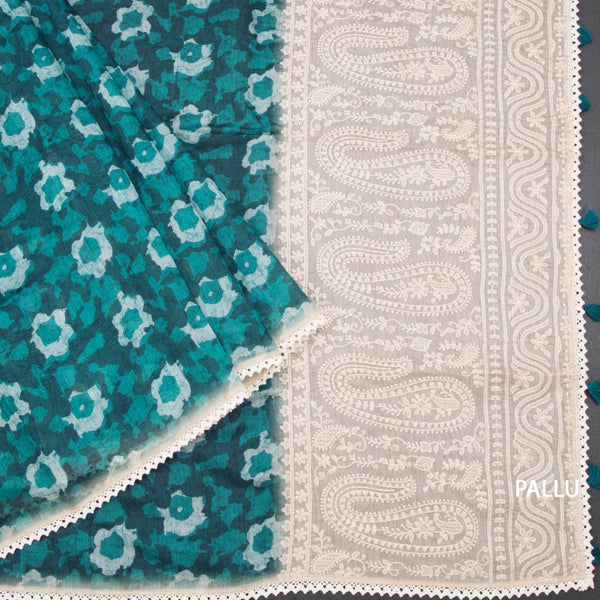 Semi Linen Peacock Green Printed Saree And Thread Pallu