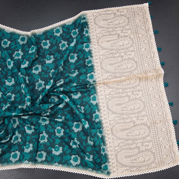 Semi Linen Peacock Green Printed Saree And Thread Pallu