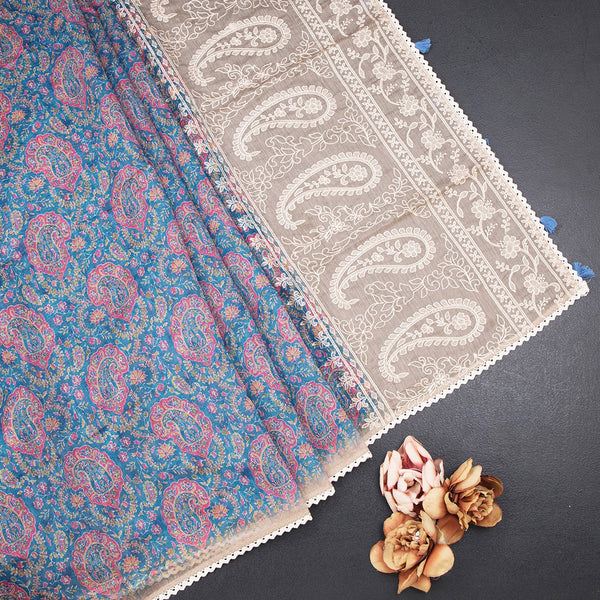 Semi Linen Blue Printed Saree And Thread Pallu
