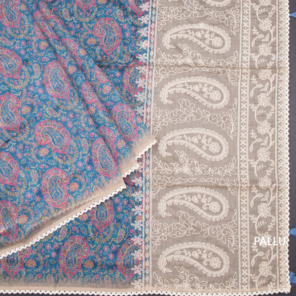 Semi Linen Blue Printed Saree And Thread Pallu