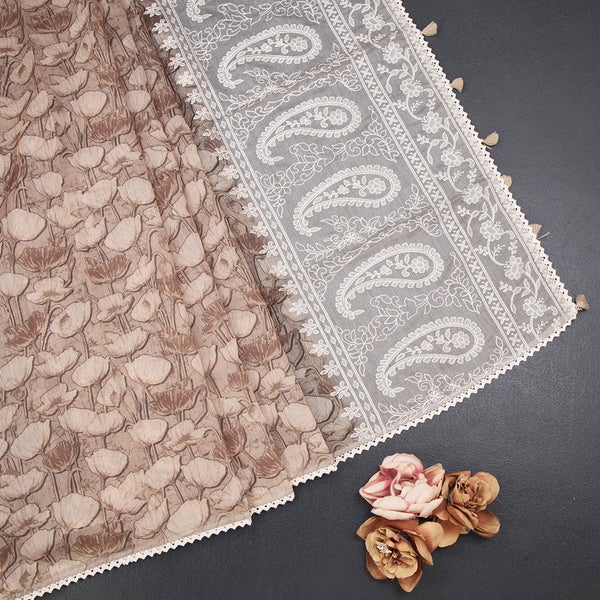 Semi Linen Light Brown Printed Saree And Thread Pallu
