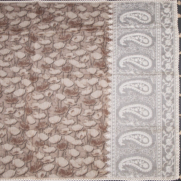 Semi Linen Light Brown Printed Saree And Thread Pallu