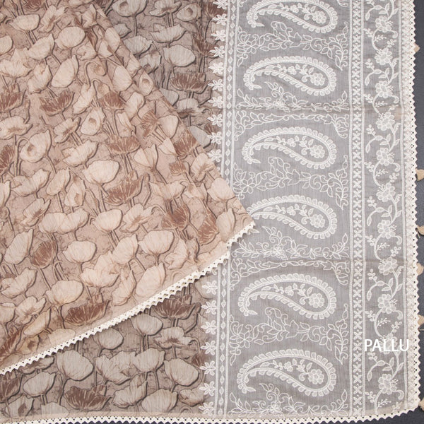 Semi Linen Light Brown Printed Saree And Thread Pallu