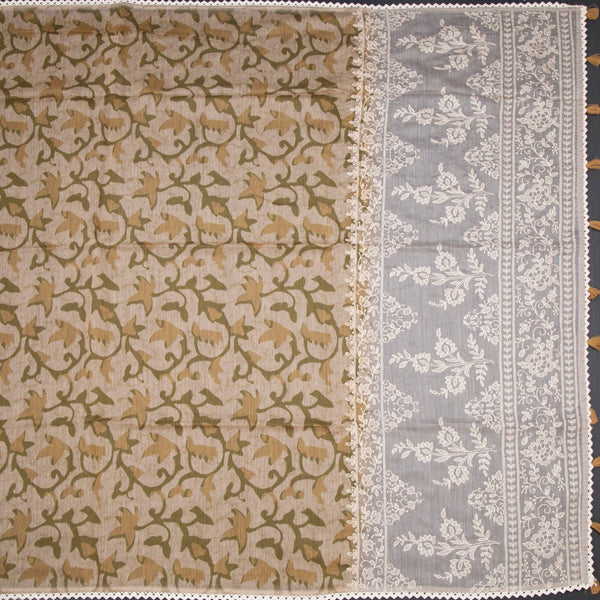 Semi Linen Sandal Printed Saree And Thread Pallu