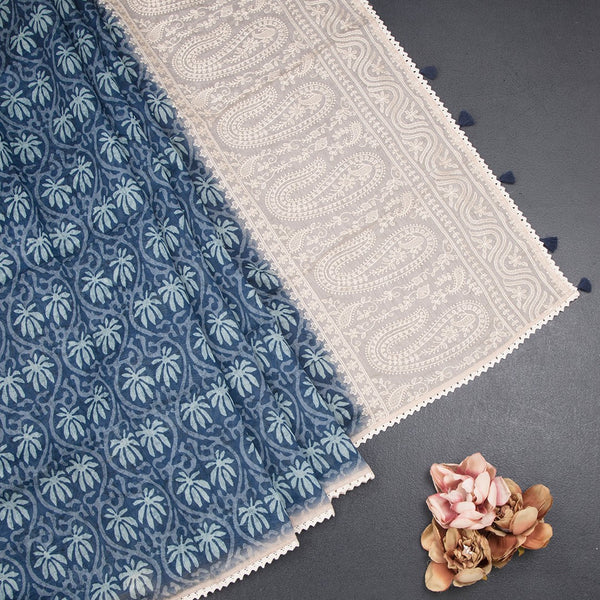 Semi Linen Dark Blue Printed Saree And Thread Pallu
