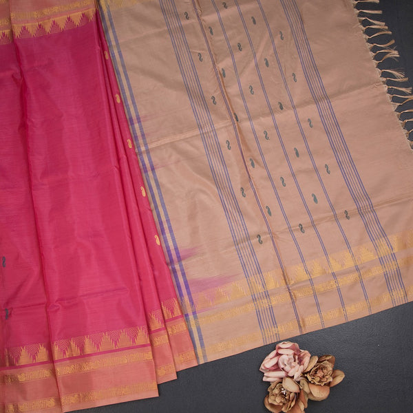 Vaazhai Naar Rose Pink Saree With Thread Buttas And Contrast Pallu