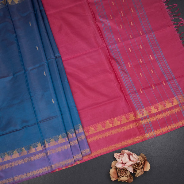 Vaazhai Naar Peacock Blue Saree With Thread Buttas And Contrast Pallu 03