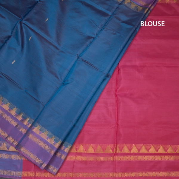 Vaazhai Naar Peacock Blue Saree With Thread Buttas And Contrast Pallu 03