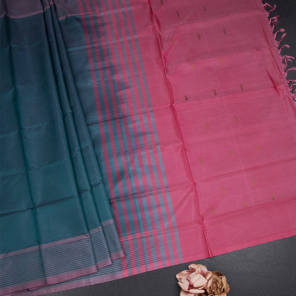 Vaazhai Naar Teal Green Saree With Thread Buttas And Contrast Pallu