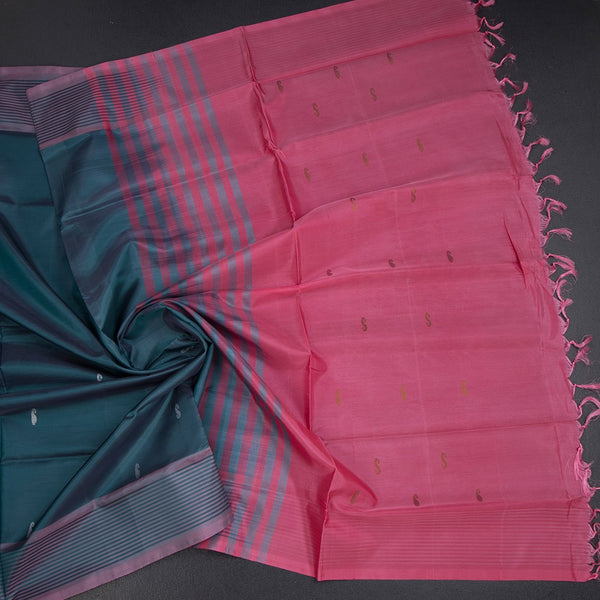Vaazhai Naar Teal Green Saree With Thread Buttas And Contrast Pallu