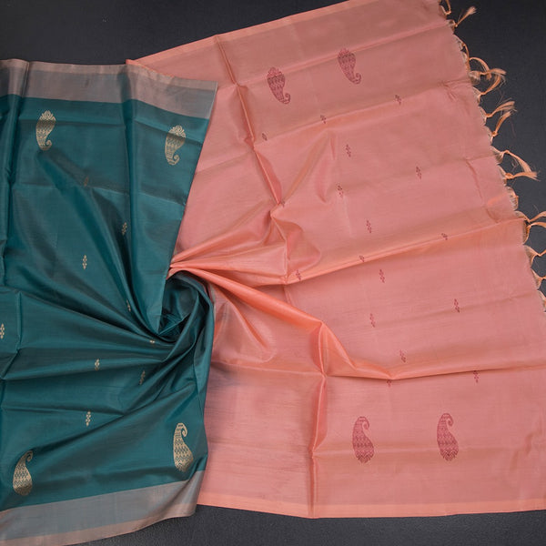 Vaazhai Naar Peacock Green Saree With Thread Buttas And Contrast Pallu 02