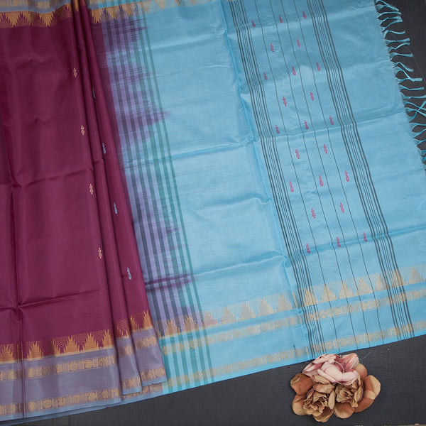 Vaazhai Naar Wine Colour Saree With Thread Buttas And Contrast Pallu