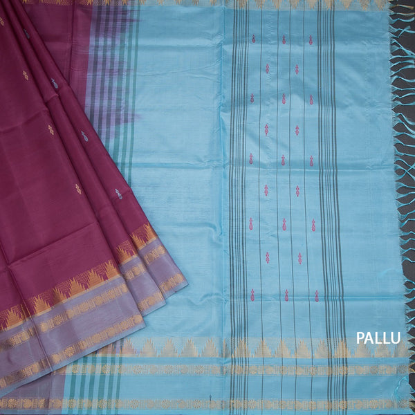 Vaazhai Naar Wine Colour Saree With Thread Buttas And Contrast Pallu