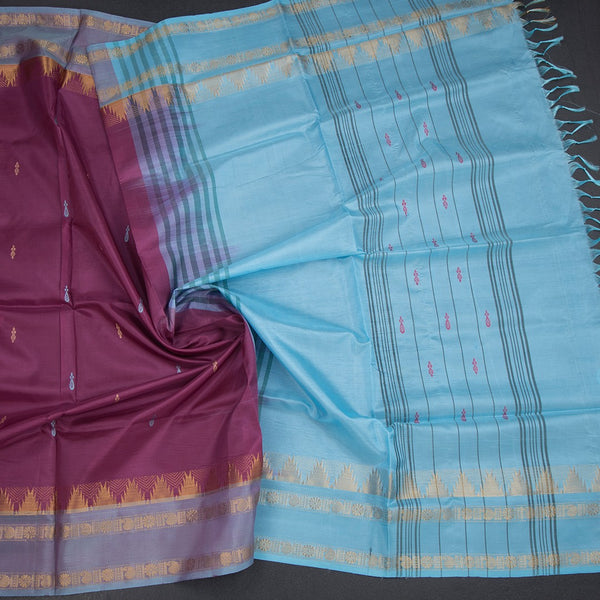 Vaazhai Naar Wine Colour Saree With Thread Buttas And Contrast Pallu