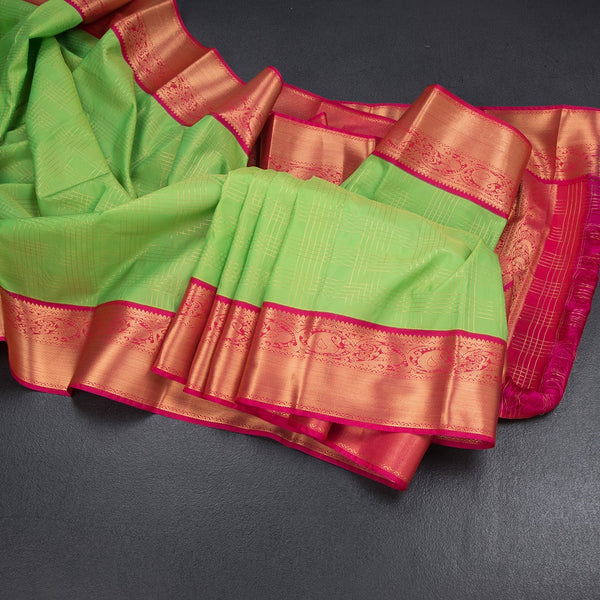 Art Silk Parrot Green Zari Checked Saree