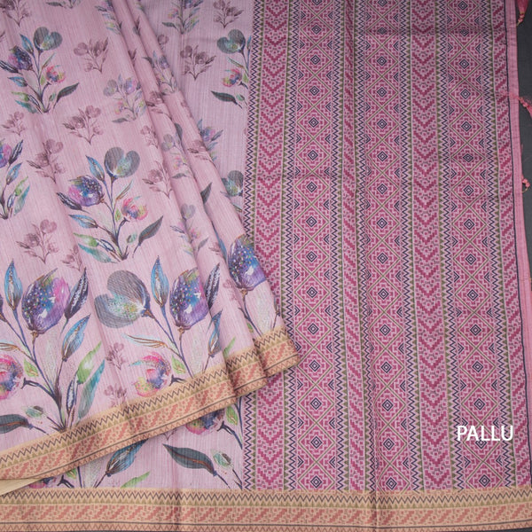 Semi Raw Silk Taffy Pink Floral Printed Saree