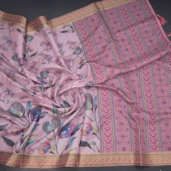 Semi Raw Silk Taffy Pink Floral Printed Saree