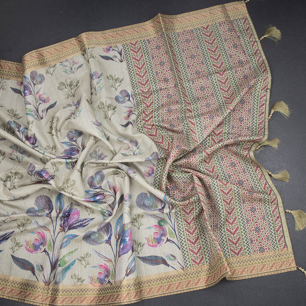 Semi Raw Silk Pista Green Floral Printed Saree 02