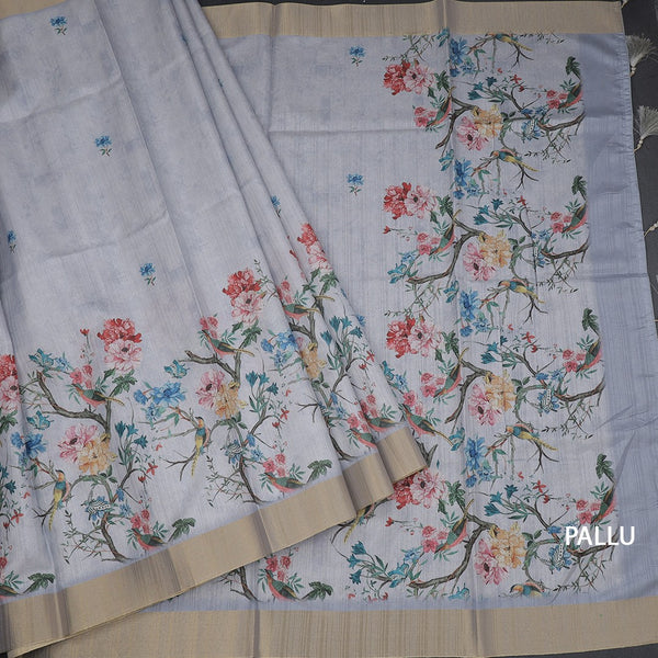 Semi Raw Silk Grey Printed Saree In Tree Design