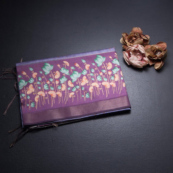 Raw Silk Purple Zari Stripes Saree With Animal Design