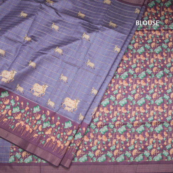 Raw Silk Purple Zari Stripes Saree With Animal Design