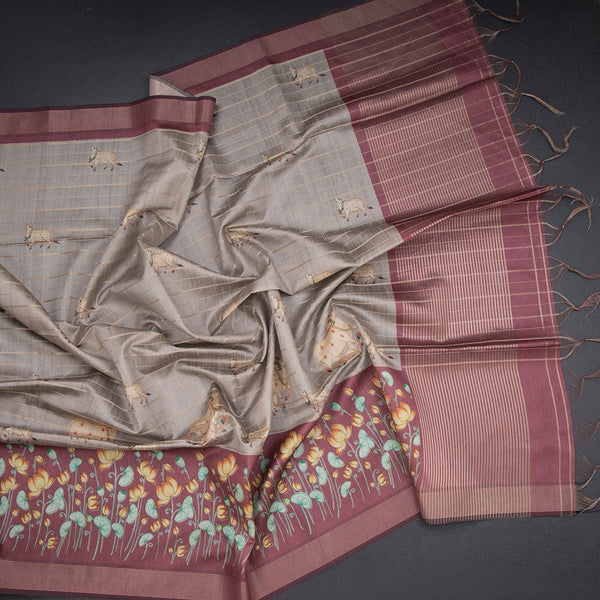 Raw Silk Grey Zari Stripes Saree With Animal Design