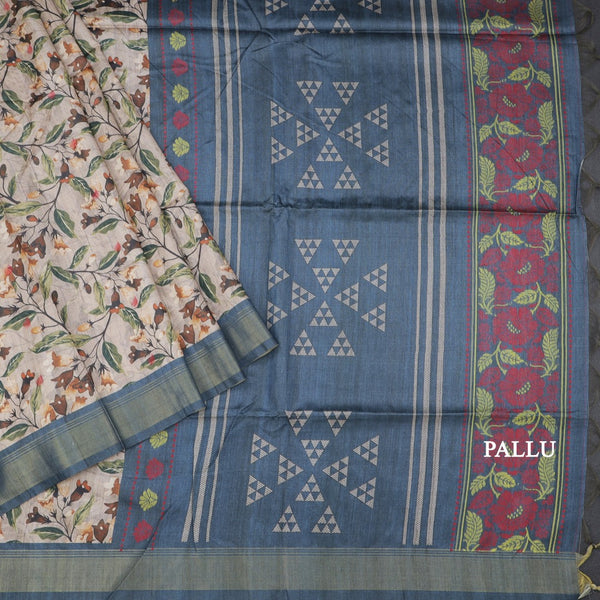 Raw Silk Cream Floral Printed Saree 03