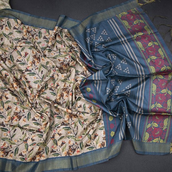 Raw Silk Cream Floral Printed Saree 03