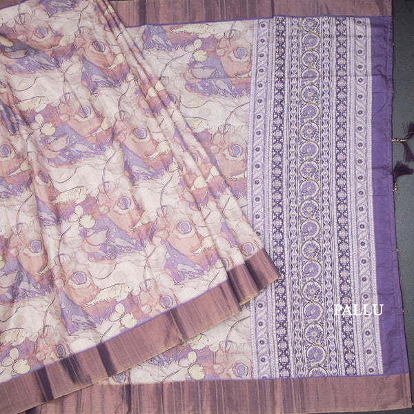 Raw Silk Cream Printed Saree