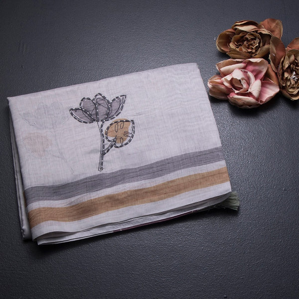 Semi Linen Grey Thread Work Saree