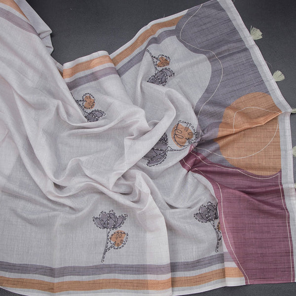 Semi Linen Grey Thread Work Saree