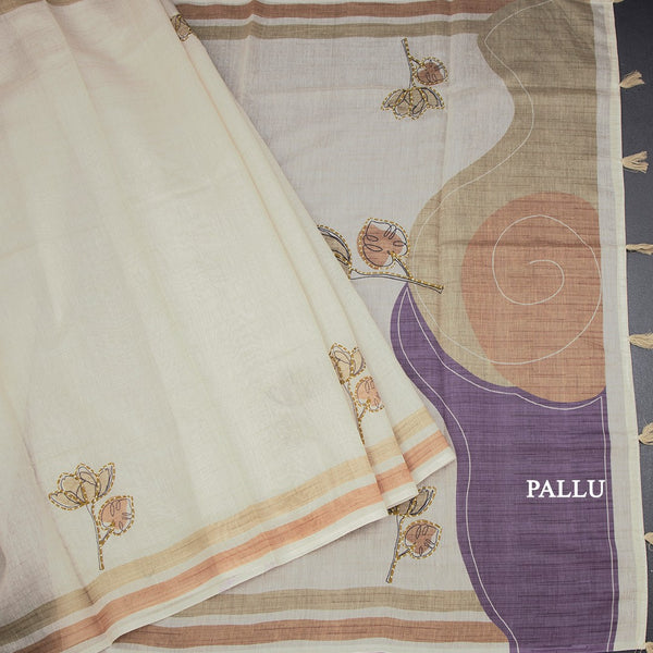 Semi Linen Pista Green Thread Work Saree 02