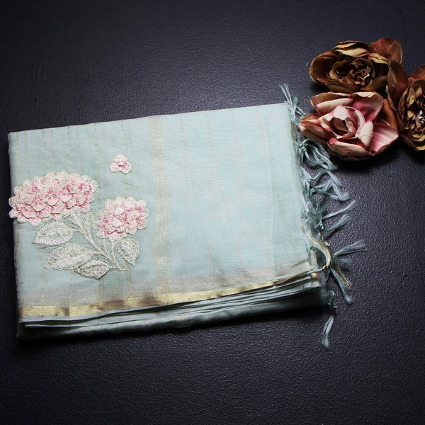 Raw Silk Mint Green Stripes With Floral Thread Work Saree