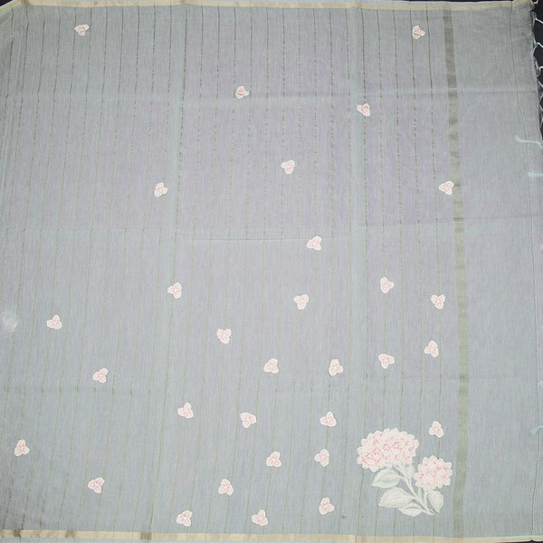 Raw Silk Mint Green Stripes With Floral Thread Work Saree