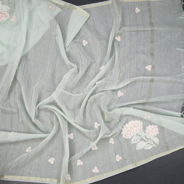 Raw Silk Mint Green Stripes With Floral Thread Work Saree