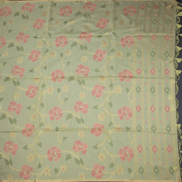 Silk Cotton Light Green Floral Thread Work Saree