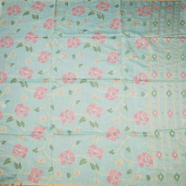 Silk Cotton Mint Green Floral Thread Work Saree